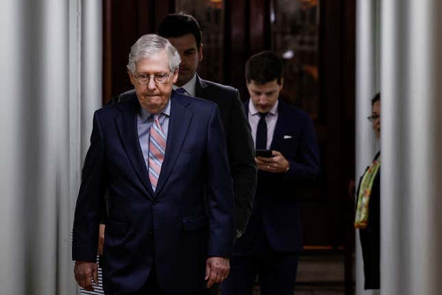 Senate Minority Leader Mitch McConnell (R-KY) walks back to his office in the U.S. Capitol Building on August 03, 2022, in Washington, DC. Later today, the U.S. Senate will hold a series of votes on Finland and Sweden joining NATO.