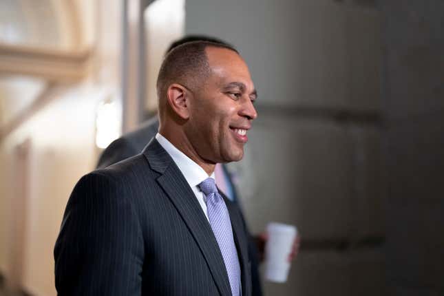 House Democratic Caucus Chair Hakeem Jeffries, D-N.Y., arrives to meet with his fellow Democrats, at the Capitol in Washington, Thursday, Nov. 17, 2022. The day after Speaker Nancy Pelosi announced she would step aside, Jeffries announced his own history-making bid Friday to become the first Black American to helm a major U.S. political party in Congress as leader of the House Democrats.