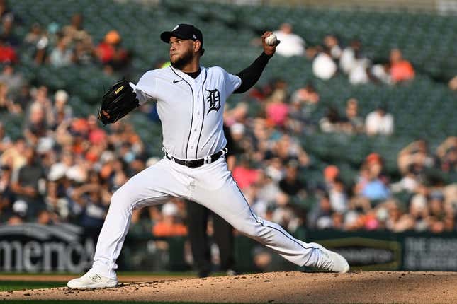 Jul 5, 2023; Detroit, Michigan, USA; Detroit Tigers starting pitcher Eduardo Rodriguez (57) throws a pitch against the Oakland Athletics in the second inning at Comerica Park.