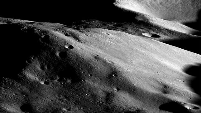 A view of Malapert massif, with a partially obscured view of a possible Artemis 3 landing site at top.