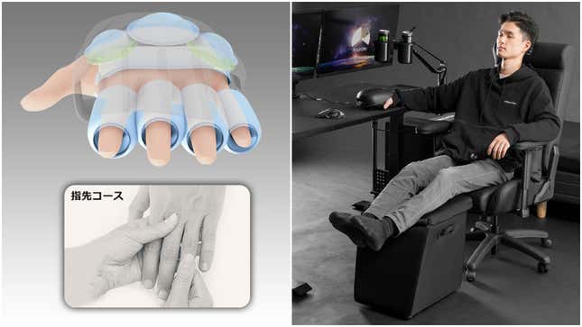 On the left is an artist's interpretation of what it's like to get a hand massage. On the right, a gamer has his hand in the Hand Massager.