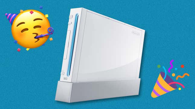 A white Nintendo Wii console on a blue background with happy emoji icons near it. 