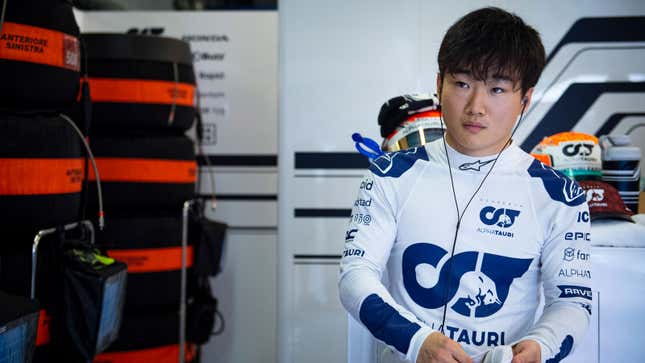 A photo of Yuki Tsunoda in the Alfa Tauri F1 garage. 