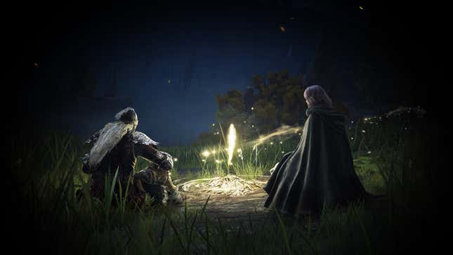 A knight is sitting at a bonfire with a woman, the darkness of night encroaching all around them.