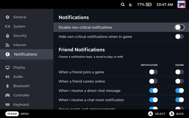 A screenshot of the notification settings on Steam Deck shows different toggles for specific information.