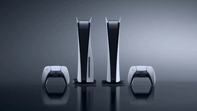 PS5s sit on a dark table.