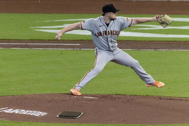 May 3, 2023; Houston, Texas, USA;  San Francisco Giants starting pitcher Logan Webb (62) throws against the Houston Astros in the third inning at Minute Maid Park.