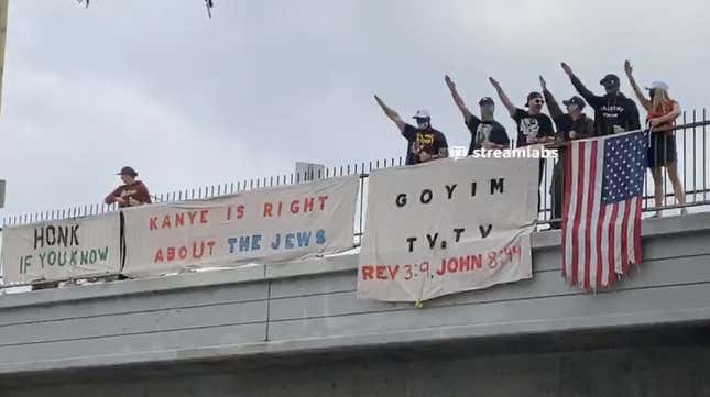 An image showing three banners. One says "Honk If You Know," the other says "Kanye Is Right About the Jews." A third advertises GoyimTV.