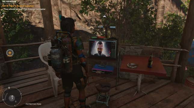 Far Cry 6 protagonist stands in front of a TV showing villains from the past games in the series.