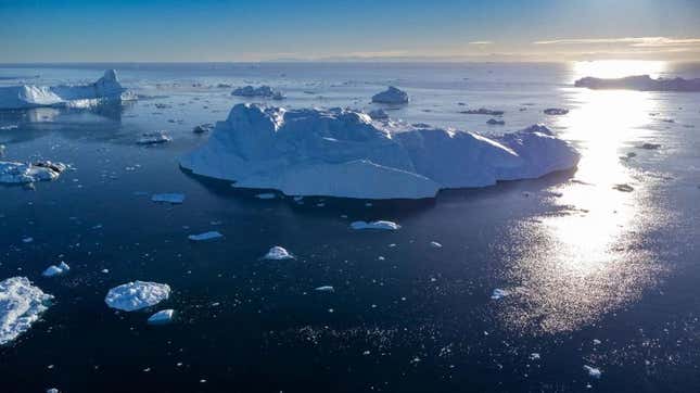 Drone images of icebergs floating in Disko Bay, Ilulissat, western Greenland in June 2022.