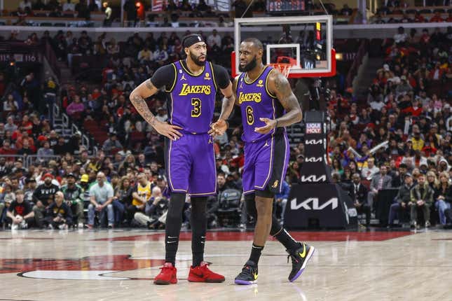 Mar 29, 2023; Chicago, Illinois, USA; Los Angeles Lakers forward LeBron James (6) chats with Los Angeles Lakers forward Anthony Davis (3) during the second half of an NBA game against the Chicago Bulls at United Center.