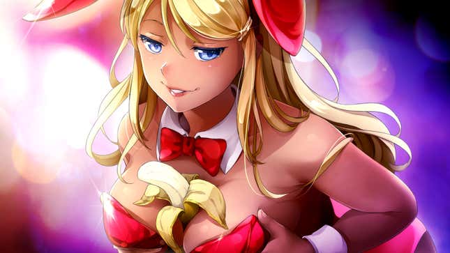 A character in the video game HuniePop wearing a bunny costume gives the player a lustful look.