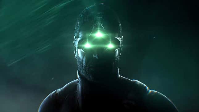 A screenshot of Tom Clancy's Splinter Cell's Sam Fisher, with his multi-vision goggles glowing green in the dark.