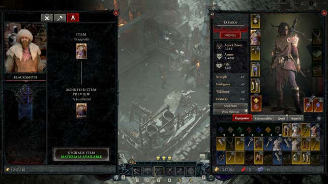 Das Inventar von Diablo IV wird vollständig zur Schau gestellt, wobei der Charakter bei einem Schmied sitzt, um seine Ausrüstung zu verbessern.
