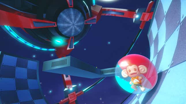 A screenshot from Super Monkey Ball Banana Mania with AiAi in a space station.