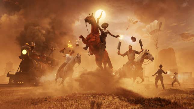 Cowboys shoot their guns at the orange sky and ride their horses in the NFT video game Grit.