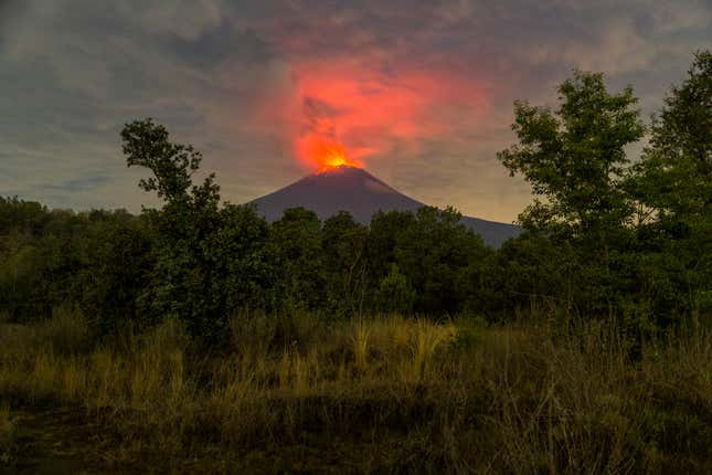 Popocatepetl volcano emits ash, steam and gas in Mexico, San Nicol’s de los Ranchos, on May 23, 2023.