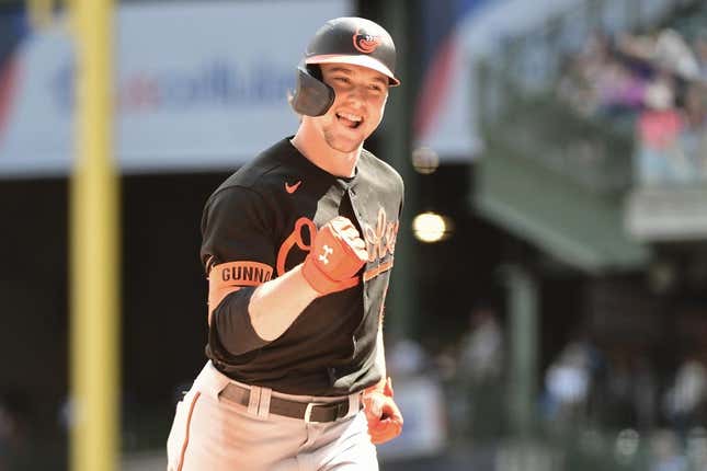 Jun 8, 2023; Milwaukee, Wisconsin, USA; Baltimore Orioles shortstop Gunnar Henderson (2) reacts after hitting a 2-run home run against the Milwaukee Brewers in the eighth inning at American Family Field.