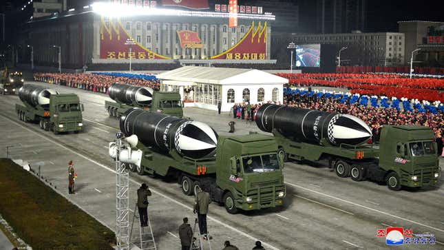 This photo provided by the North Korean government shows missiles during a military parade marking the ruling party congress, at Kim Il Sung Square in Pyongyang, North Korea on Jan. 14, 2021.