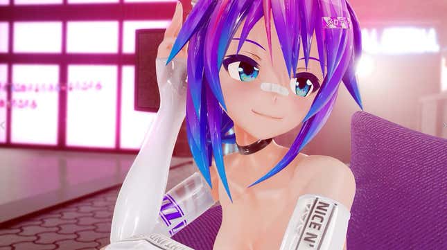 While wearing long white gloves, a black choker, and a bandaid over her nose, Projekt Melody smiles as she holds her head in her hands. 