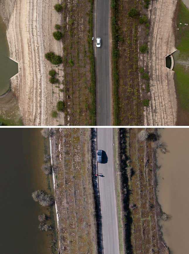 A road through the Bough Beech Reservoir in Kent in August 2022 versus April 2023; the reservoir is now at 99.4% capacity.