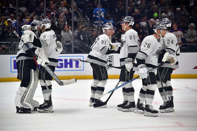 Mar 25, 2023; Los Angeles, California, USA; Los Angeles Kings celebrate the victory against the Winnipeg Jets at Crypto.com Arena.