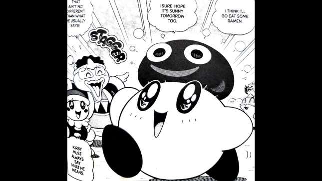Kirby smiles brightly as he strolls through Dream Land on his way to eat some ramen, speaking as he goes.