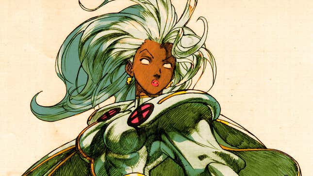 X-Men character Storm stands ready for battle with a shock of white hair and colorless eyes.