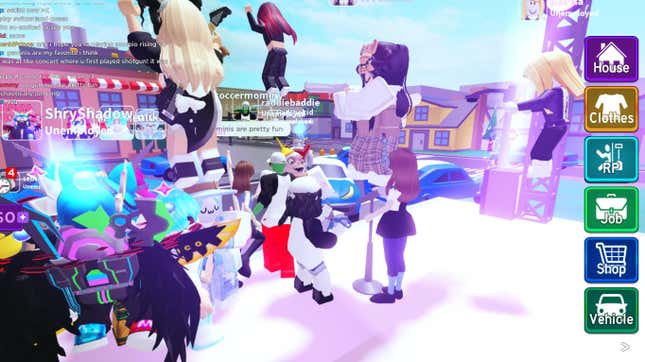 A bunch of Roblox characters jump on a brightly lit pink stage.