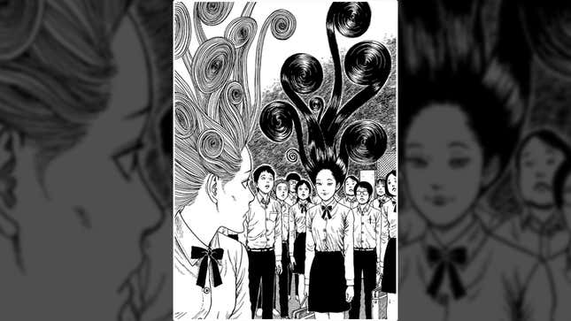 An Uzumaki manga panel shows Kyoko confronting Kirie while their hair spirals out of control. 