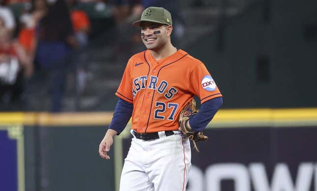 May 19, 2023; Houston, Texas, USA; Houston Astros second baseman Jose Altuve (27) smiles during the first inning against the Oakland Athletics at Minute Maid Park.