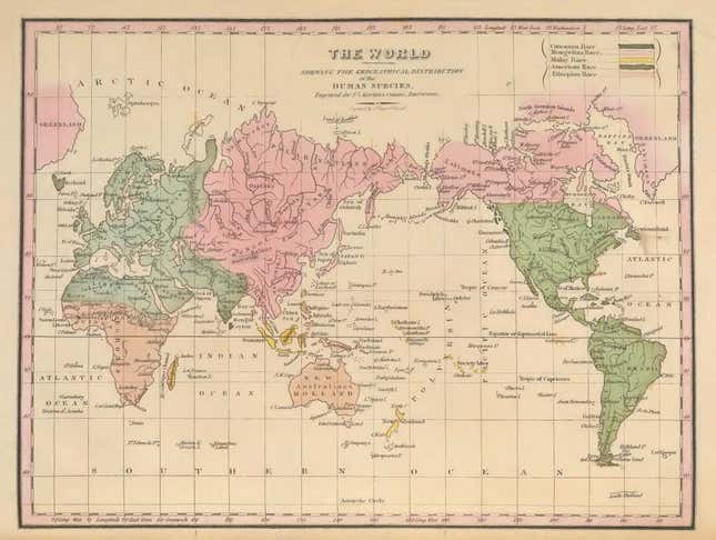 Morton’s “Crania Americana” broke the world into five geographic regions assigned to dated terms for race.