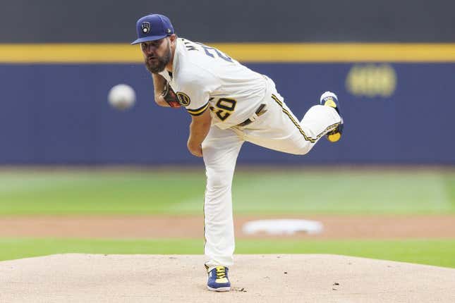 Aug 22, 2023; Milwaukee, Wisconsin, USA;  Milwaukee Brewers pitcher Wade Miley (20) throws a pitch during the first inning against the Minnesota Twins at American Family Field.