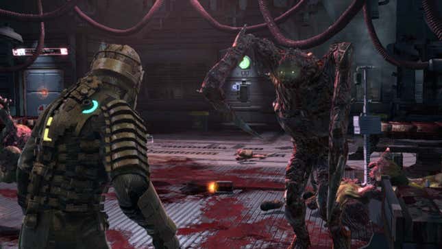 Dead Space protagonist Isaac Clarke stands (maybe) petrified at the sight of a necromorph.