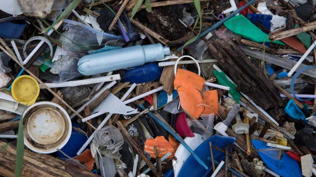 Plastic trash lining the shores of the Thames Estuary on January 2, 2018 in Kent, England.