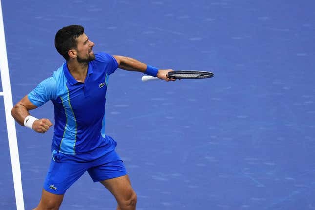 Sep 10, 2023; Flushing, NY, USA; Novak Djokovic of Serbia reacts after winning a point against Daniil Medvedev (not pictured) in the men&#39;s singles final in the men&#39;s singles final on day fourteen of the 2023 U.S. Open tennis tournament at USTA Billie Jean King National Tennis Center.