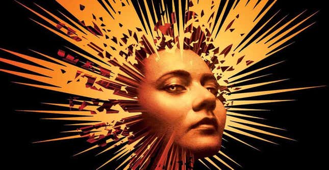 A black-and-gold illustration of a woman's face surrounded by spiky points, as if the world is smashing around her.