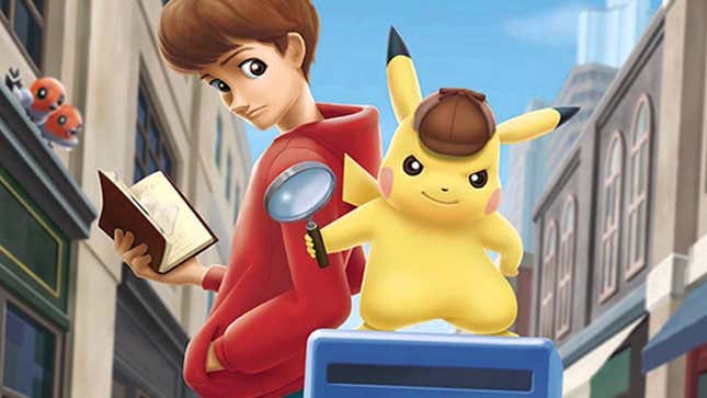 Tim and Detective Pikachu are seen leaning and standing on a mailbox with two Fletchinder watching from the window.