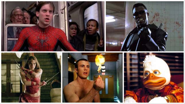 Clockwise from top left: Spider-Man 2 (Sony), Blade (New Line Cinema), Howard The Duck (Universal), Fantastic Four (20th Century Fox), Elektra (20th Century Fox)