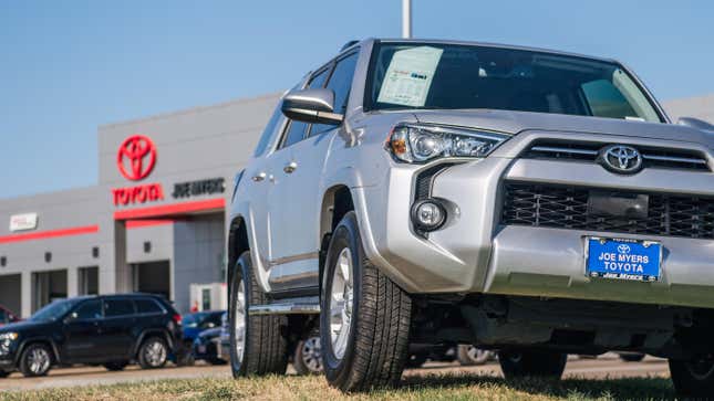 A Toyota vehicle sits on the sales lot at the Joe Myers Toyota dealership on January 04, 2022 in Houston, Texas.