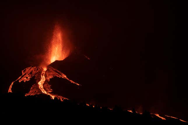 Lava flows after the collapse of a part of the cone of the Cumbre Vieja Volcano on October 10, 2021 in La Palma, Spain.