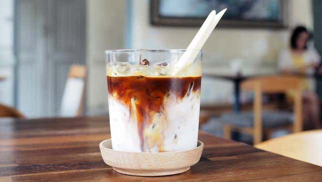 iced latte on kitchen table