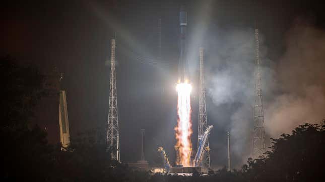 Russian Soyuz rocket lifting off from the Kourou space base, French Guiana, early Wednesday Dec.18, 2019.