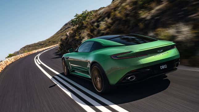 A photo of a green Aston Martin DB12 sports car. 