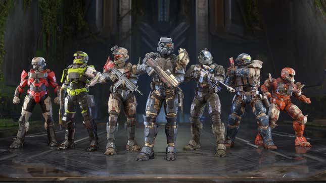 Seven Spartans stand in front of the Breaker map in Halo Infinite wearing cosmetics from Halo Infinite's second season.