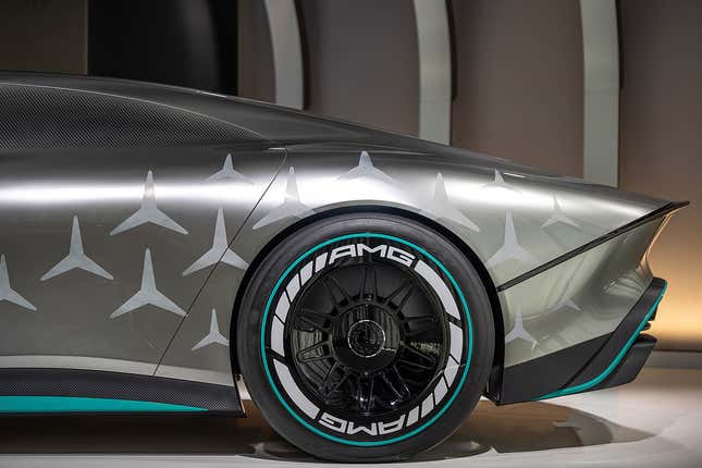 The wheel and tire decoration, and the star motif, echo Mercedes’ F1 livery.