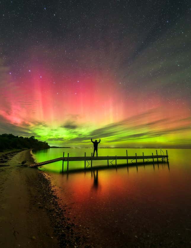 A lime-green, pink mashup of the lights over Denmark.