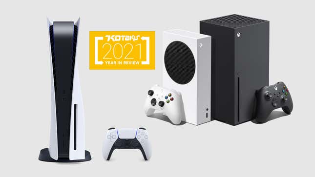 An image of the PlayStation 5 and both the Xbox Series X and Series S against a gray background.