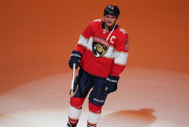 Mar 18, 2023; Sunrise, Florida, USA;  Florida Panthers center Aleksander Barkov (16) is recognized as one of the stars of the game following the 4-2 victory over th eNew Jersey Devils at FLA Live Arena.
