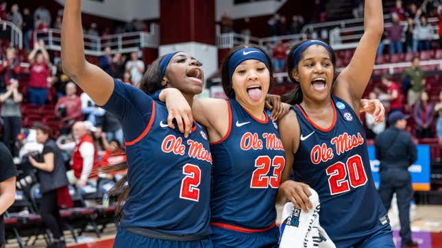 Ole Miss Rebels players celebrate their win during the second round of the NCAA Women’s Basketball Tournament between the Ole Miss Rebels and the Stanford Cardinal.